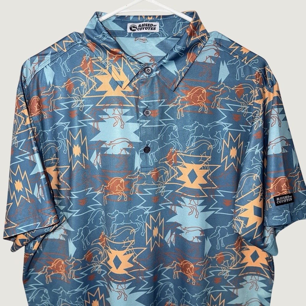 Raised by Coyotes Mens Southwestern Horse Print Polo Shirt Blue Orange Large